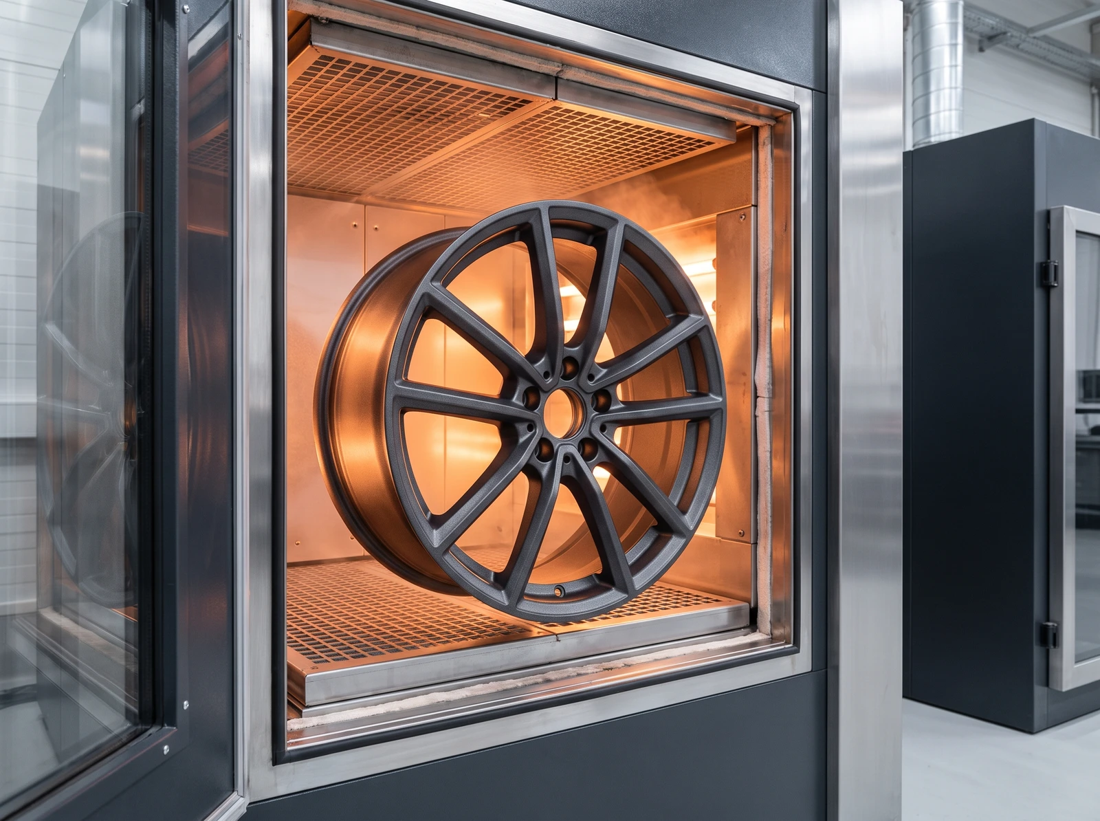 An alloy wheel in an anthracite powder-coat finish curing in a workshop oven