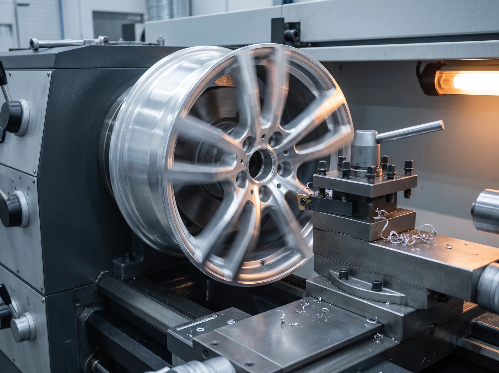 An alloy wheel being precision machined on a CNC lathe during a diamond-cut refurbishment