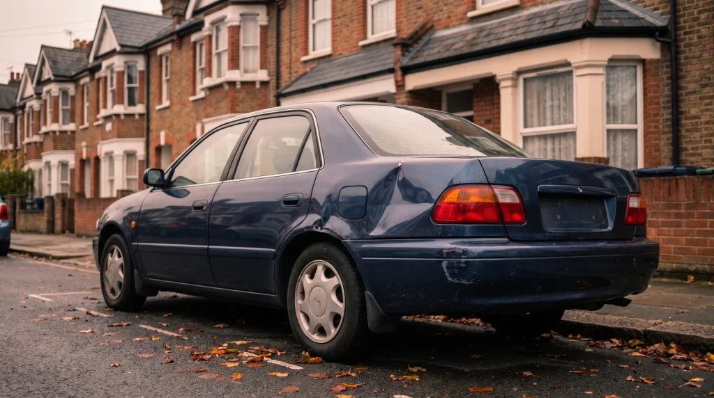 Car with cosmetic collision damage parked on a South-East London residential street