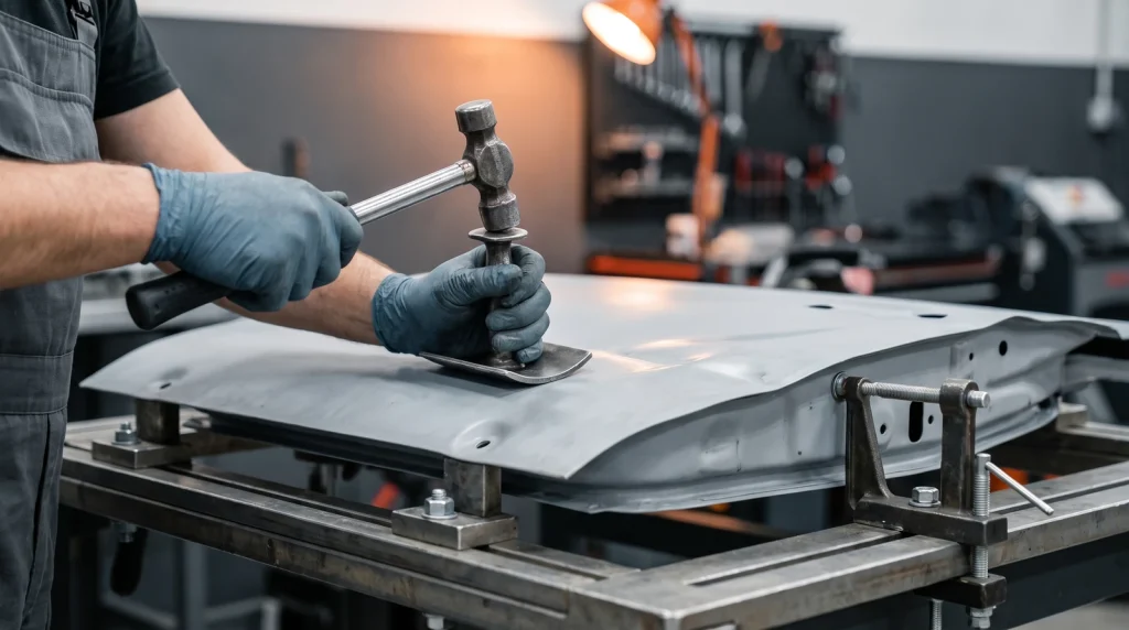 Technician's gloved hands panel-beating a dented car door panel mounted on a workshop alignment jig