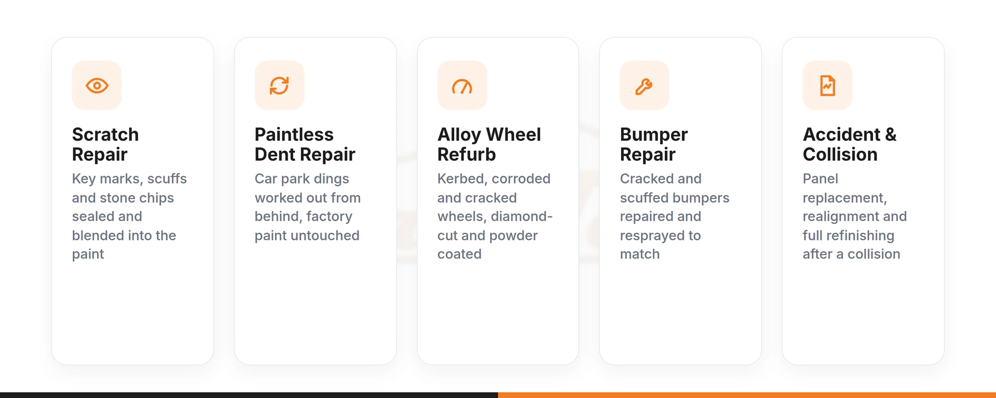 Five car body repair services: scratch repair, paintless dent repair, alloy wheel refurbishment, bumper repair, and accident and collision repair