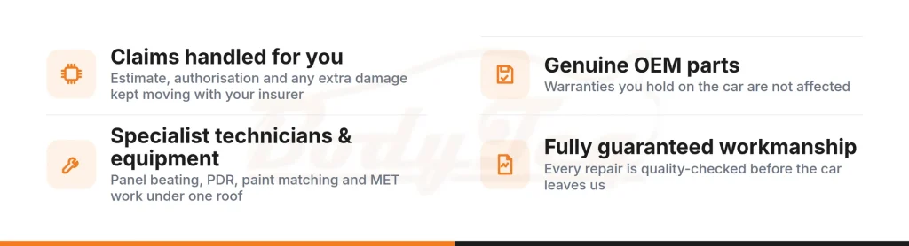Checklist of four benefits when Bodyteq handles your insurance claim: claims handled for you, genuine OEM parts, specialist technicians and equipment, fully guaranteed workmanship
